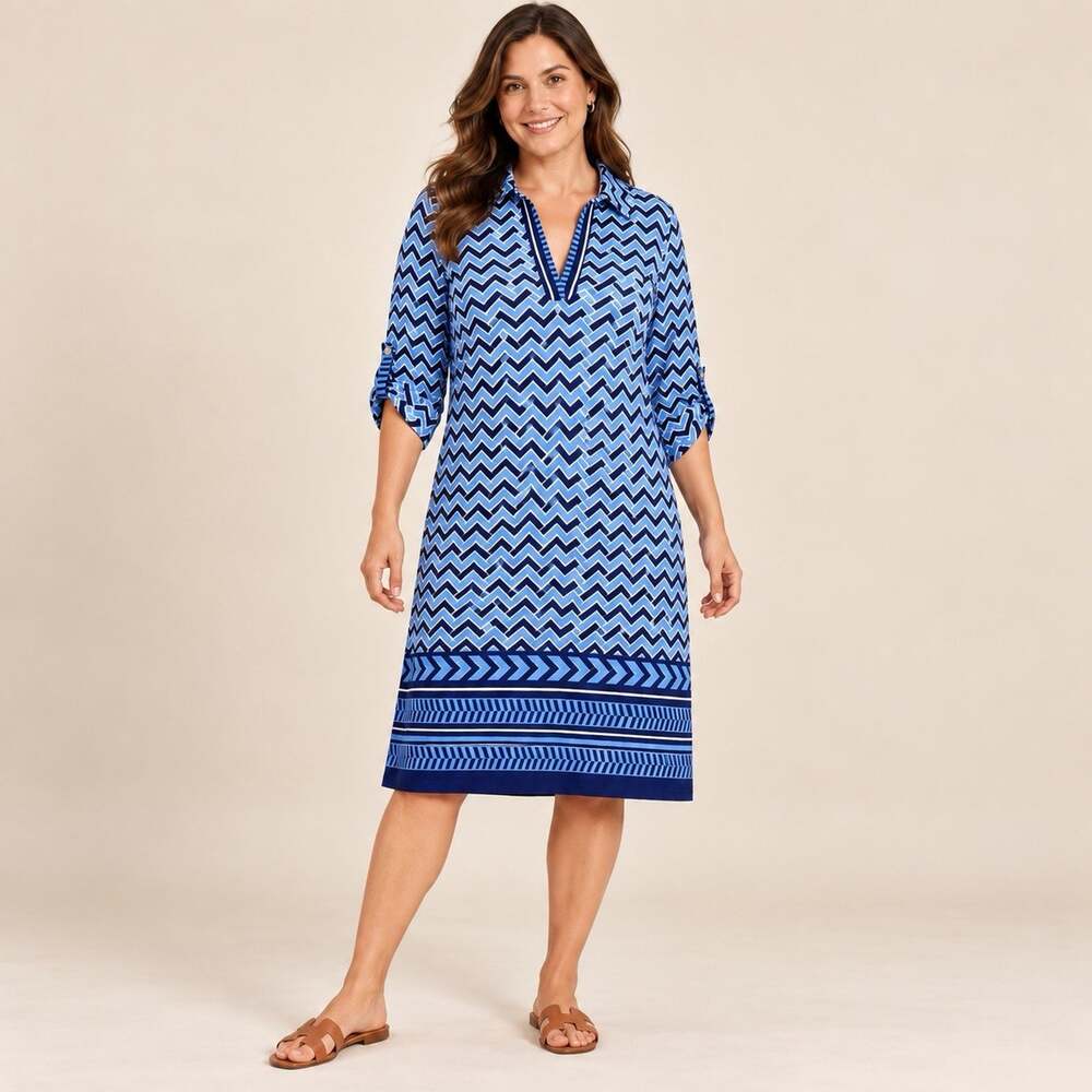 Mlle Gabrielle Dress Womens XL Blue Chevron Collared Roll Tab Sleeve Stretch NWT